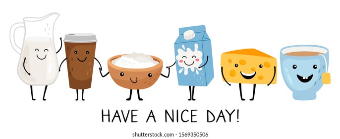 Funny breakfast characters. Have a nice day banner template. Vector cute isolated food set