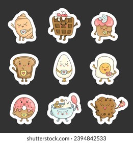 Funny breakfast characters. Sticker Bookmark. Variety cute kawaii food with cartoon faces. Hand drawn style. Vector drawing. Collection of design elements.