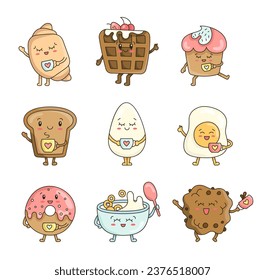 Funny breakfast characters. Variety cute kawaii food with cartoon faces. Toast, egg, croissant, donut, waffle with coffee cup. Hand drawn style. Vector drawing. Collection of design elements.