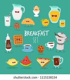 Funny breakfast, Coffee Maker, egg, milk, cookies, croissant, ham toast, orange juice, coffee, tea, Belgian waffle, fruit, topping chocolate. Breakfast set. Vector illustrations.