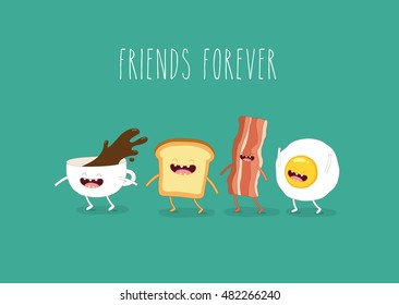 Funny breakfast. Cup of coffee, egg, bacon, toaster. Vector illustrations. Use for card, poster, banner, web design and print on t-shirt. Easy to edit. Vector illustration.