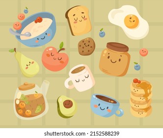 Comida divertida para el desayuno con ilustraciones de dibujos animados en la cara. Gachas, frutas, bayas, huevos hervidos, bizcochos personajes. tazas de café, té y tetera. Comida, concepto de rutina matutina