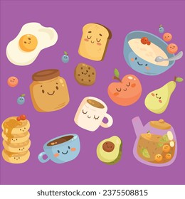 Funny breakfast food with faces cartoon set vector design illustration