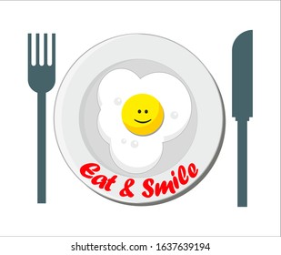 Funny breakfast - fried egg, eat and smile, be in a good mood