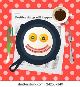 Funny breakfast with love, smiling face make with fried eggs and bacon, vector illustration.