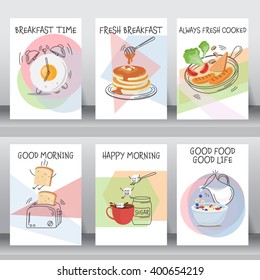 funny breakfast Posters and background set. flat and doodle design. there are egg, coffee , cereal with milk, pancake, bread, vegetable and hotdog  layout template in A4 size. vector illustration. 