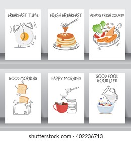 funny breakfast Posters   background set  flat   doodle design  there are egg  coffee   cereal and milk  pancake  bread  vegetable   hotdog  layout template in A4 size  vector illustration  