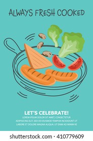 funny breakfast Posters and background set. flat and doodle design. there are egg, coffee , cereal with milk, pancake, bread, vegetable and hotdog layout template in A4 size. vector illustration.