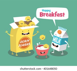 Funny breakfast set. Milk and Cornflakes. Comic characters