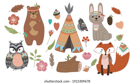 Funny breeding animals. Forest animal cub, cute wild fox, bear and cute hare, funny owl. Isolated cartoon vector symbols icons set.