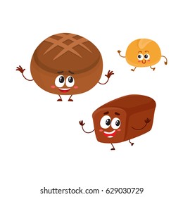Funny brick and round loaves of whole wheat, dark, brown bread characters with smiling human faces, cartoon vector illustration isolated on a white background. Two bown bread loaf characters, mascots