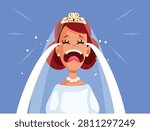 Funny Bridezilla Cartoon Illustration Of Crying Bride Having Wedding Meltdown. Ridiculous weeping bride screaming in dramatic wedding dress

