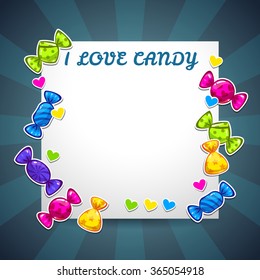 Funny bright abstract background with colorful candy stickers and text example, vector illustration with place for your text