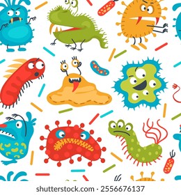 Funny bright bacteria seamless pattern. Germ characters. Repeated print. Viruses and microbes. Unicellular organisms. Disease pathogen. Microscopic monsters. Splendid