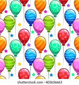 Funny bright birthday party texture with colorful balloons and stars, vector seamless pattern