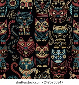 funny bright cats in an ornament on a dark background