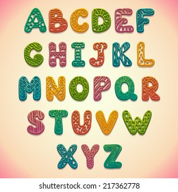 Funny bright font with relief ornament, ABC illustration