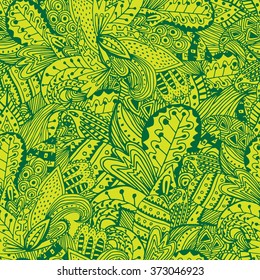 Funny bright green doodle seamless pattern for fabric, prints, blog and websites backgrounds. Cheerful and colorful, ideal for youth modern and children, teenage theme.