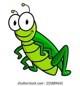 Funny bright green grasshopper cartoon character with big googly eyes and small antennas isolated on white background for children design