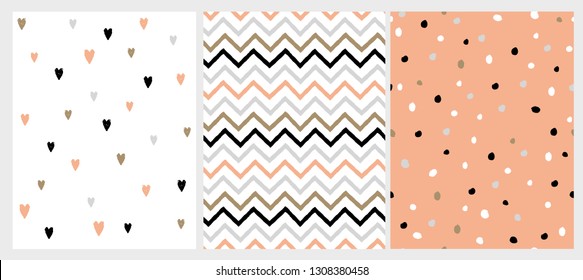 Funny Bright Hand Drawn Chevron, Hearts and Dots Vector Patterns. Irregular Dot Shape Confetti Design. Grey, Black and Salmon Pink Chevron Pattern. Cute Hearts on a White. Lovely Infantile Style Art.