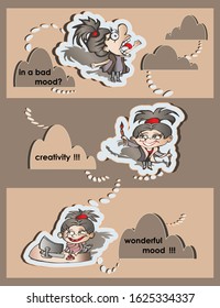 funny bright hand-drawn character in cartoon style. girl in bad mood screaming. creativity - good mood. character set. happy girl work on computer. girl artist with  brush