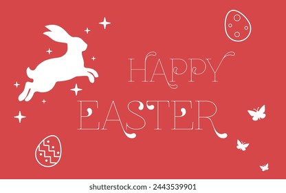 A funny and bright illustration for Easter. Funny rabbit and bright eggs. Vector illustration.