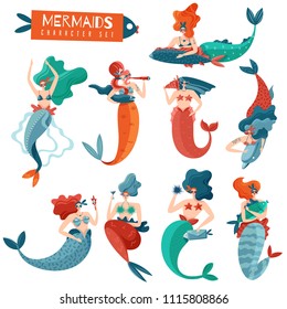 Funny bright mermaids set of fairy characters during various actions isolated flat vector illustration
