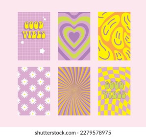 Funny bright pink hippie backgrounds and postcards set. Bright orange hippie greeting cards and patterns. Good vibes. Vector cards in trendy retro psychedelic cartoon style. Vector backgrounds.