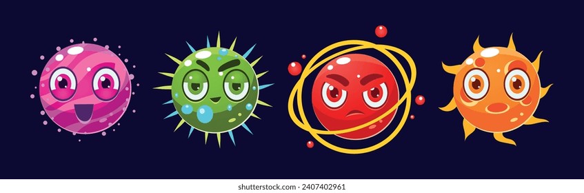 Funny Bright Planets with Face Emotion Vector Set