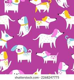 Gracioso patrón brillante sin costuras para niños con perros en un fondo de color burdeos. Textura infantil creativa para tela, envoltura, textil, papel pintado, vestimenta.Ilustración vectorial.