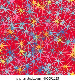 Funny bright seamless pattern with stars of various size and color on red background. Funny texture for congrats wrap, postcard, fabric.