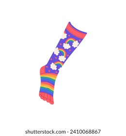 Helle, helle Socke, Cartoon, Vektorgrafik einzeln auf weißem Hintergrund. Frische, bunt gestreifte Fußzubehör, viele verschiedene Farben, süßer Regenbogen und Wolken bedruckt. Modedesign-Objekt