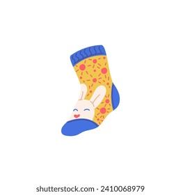 Funny bright sock with cute bunny, cartoon vector illustration isolated on white background. Fun colorful foot clothes, accessories with toy rabbit and suns print. Fashion design object