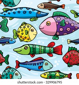 Funny bright vector fishes pattern. Set of colorful doodle fishes.
