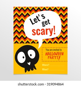 Funny and bright vector Halloween party invitation card with Trick or Treat banner and cute skull
