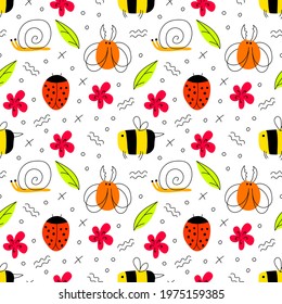 Funny bright vector seamless pattern with insects. Hand-drawn bee, ladybug, snail, may beetle, flower, leaf on a white background in flat style. A vivid illustration for textiles, wallpaper, wrappers.