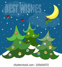 Funny bright winter holidays card background with  hand-drawing best wishes, spruce and bullfinches bearing a branch of Holly
