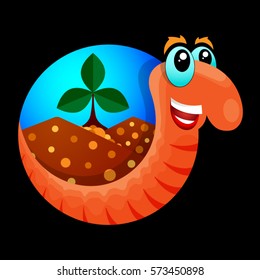 Funny bright worm on a black background. Organic fertilizer and green sprout in the background.