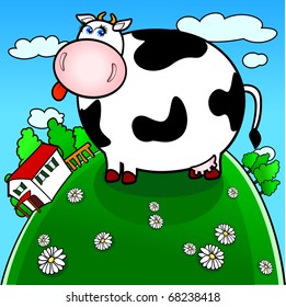 funny brindled cow grazing in the countryside, vector