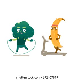 Funny broccoli and banana characters doing sport exercises - jumping and running, cartoon vector illustration isolated on white background. Funny broccoli and banana heroes, characters training