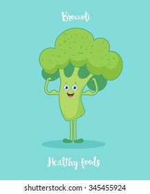 Funny broccoli with biceps.Cartoon character. Vector illustration. Isolated on white background.