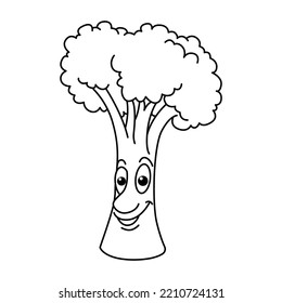 Funny broccoli cartoon characters with cute face vector illustration. For kids coloring book.