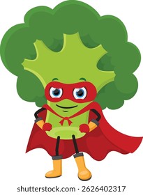 Funny Broccoli cartoon superhero character, isolated on white backgrounds