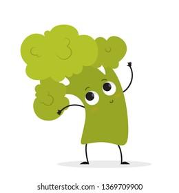 Funny broccoli character doing workout in the gym. Fresh green food. Idea of sport, fitness and healthy lifestyle. Vector illustration in cartoon style