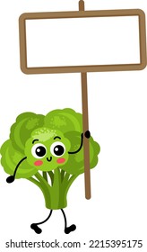 Funny broccoli mascot holding a blank signboard