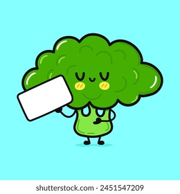Funny Broccoli with poster. Vector hand drawn cartoon kawaii character illustration icon. Isolated on blue background. Happy Broccoli think concept