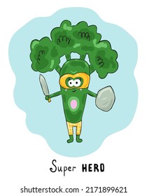 Funny broccoli super hero in mask with sword and shield
