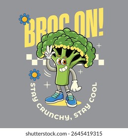Funny broccoli vegetable 70s retro comic cartoon character illustration