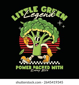 Funny broccoli vegetable 70s retro comic cartoon character illustration