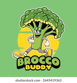 Funny broccoli vegetable 70s retro comic cartoon character illustration